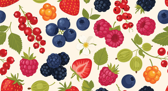 Vibrant seamless pattern of various berries including raspberries, strawberries, blueberries, and currants on a soft cream background.