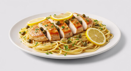 Fototapeta premium A delicious serving of chicken piccata pasta with capers and fresh lemon slices served on a clean white plate against a minimalist light gray background