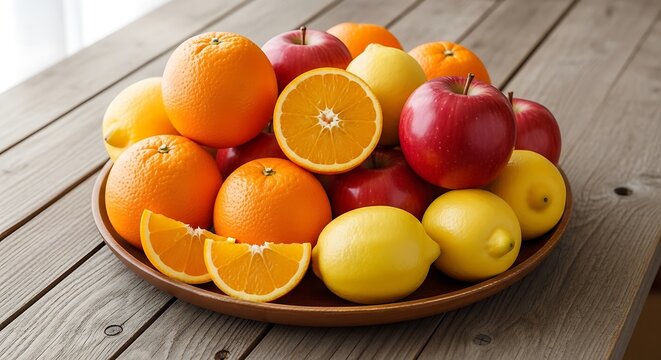 Assortment of fresh citrus fruits and red apples on wooden table