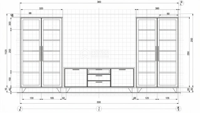 Modern wooden storage unit with glass doors and central drawers for home organization