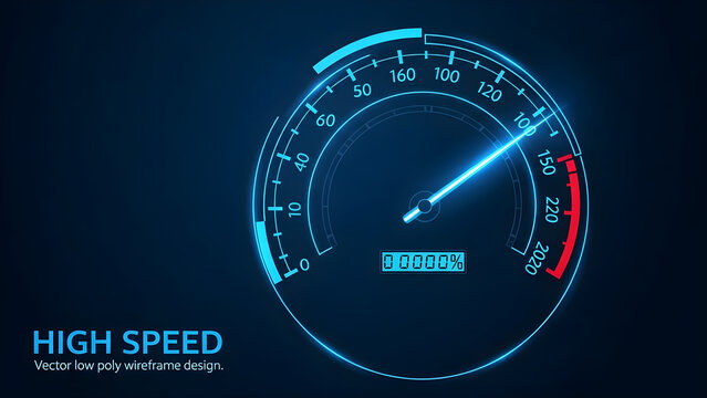 A high-speed speedometer needle points to maximum velocity on a sleek digital dashboard