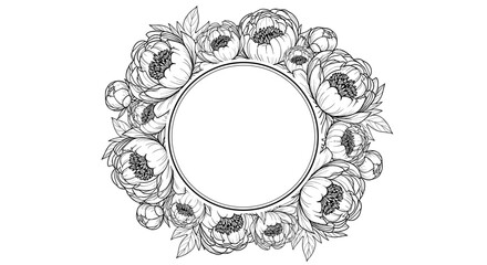 Obraz premium Decorative wreath made of hand drawn peony flowers and buds around a blank circular frame for wedding or greeting cards.