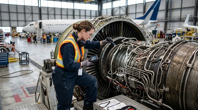 An aircraft mechanic meticulously inspects a jet engine within a spacious hangar, demonstrating expertise and dedication in aviation maintenance.