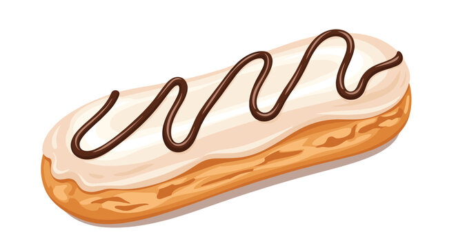 Sweet french eclair pastry with white icing and a chocolate drizzle shown in a delicious and colorful food illustration.