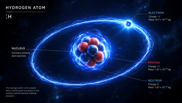 Hydrogen Atom Educational Diagram With Electron Orbit | Labeled Atomic Structure Of Hydrogen Nucleus And Electron | Scientific Hydrogen Atom Model With Blue Energy Ring