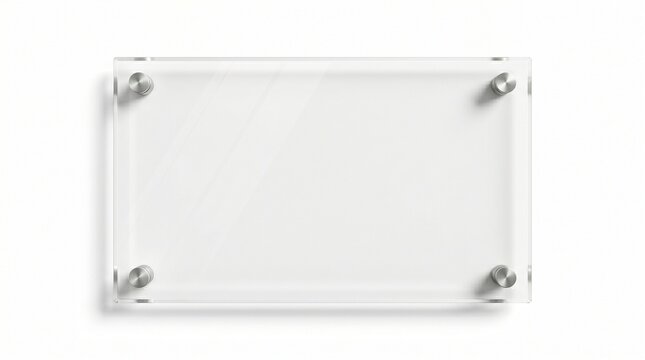Minimalist acrylic frame with metal standoffs, blank transparent plexiglass plaque on white background, clear plastic wall sign mockup for office branding