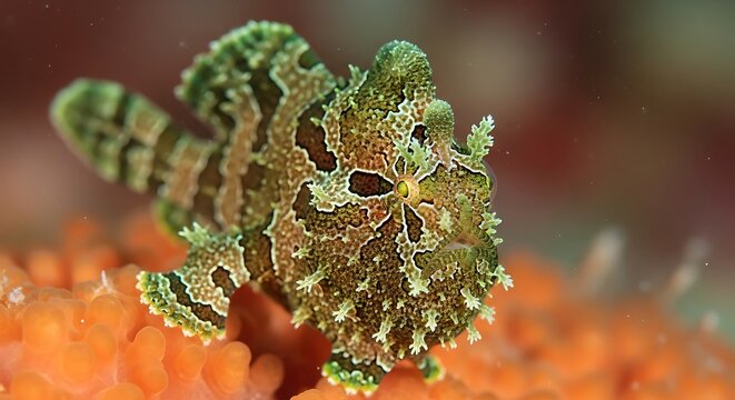 Green frogfish on coral reef.
