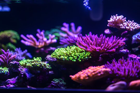 Glowing purple green coral reef tank, bioluminescent.

