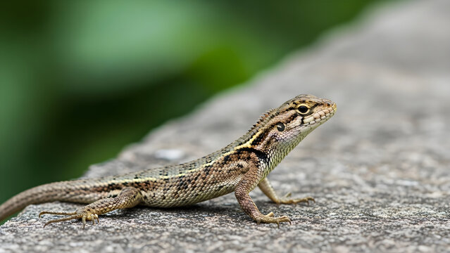A small lizard with brown and yellow spots stands on a rock outdoors.