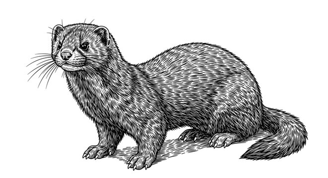 Detailed black and white engraving of a mink standing on a white background, showcasing realistic fur textures and anatomical accuracy.
