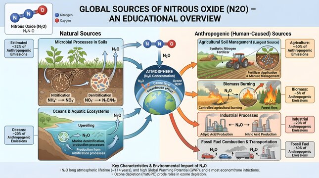 Global sources of nitrous oxide (N₂O) educational overview illustrating natural emissions from soils, wetlands and oceans alongside anthropogenic sources such as agriculture, livestock, biomass burnin