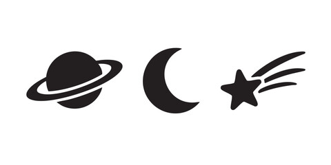 Black Silhouette Vector Set of Saturn, Moon and Shooting Star © Wimas