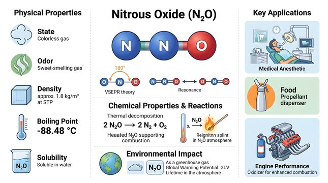 Nitrous oxide (N₂O) infographic summarizing key physical properties, oxidizing chemical reactions, environmental impact as a greenhouse gas and major applications in medical anesthesia, food industry 