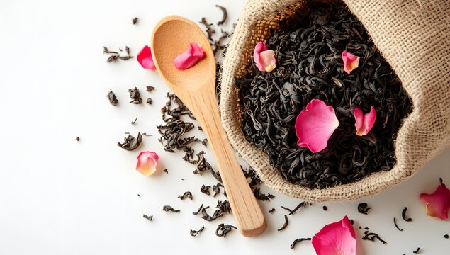 Black tea rose petals wooden spoon, relaxing tea time.

