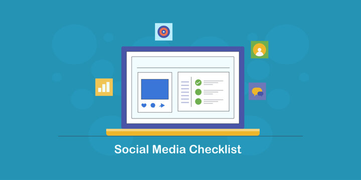 Social media management dashboard with content preview and marketing checklist.