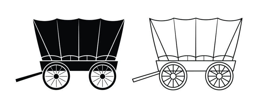 Covered wagon icon set, black and white vector collection featuring pioneer wagons, western transportation, frontier travel, and historic carriage symbols for heritage and adventure concepts