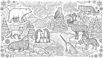 Arctic animals coloring page vector, winter wildlife landscape with polar bear and penguins, northern lights and snowy mountains line art © Fahad