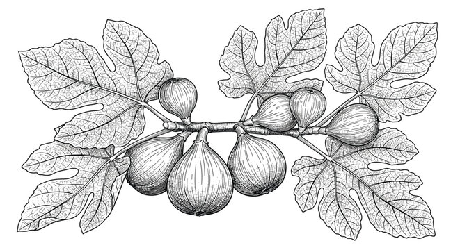 Detailed vintage engraving of a fig tree branch featuring large lobed leaves and several ripe fruits in a classic botanical style.