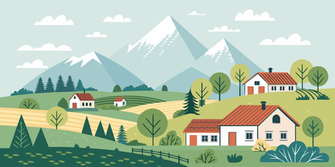 Minimal countryside village illustration, mountain background, village cottages, trees and farmland © Nurjahan