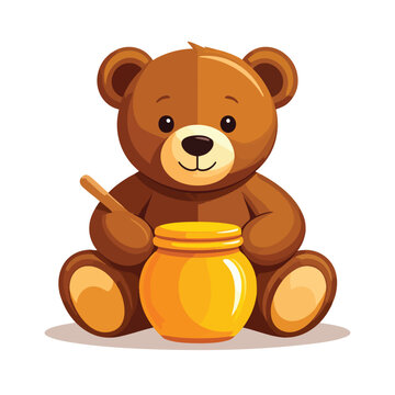 Cute cartoon brown teddy bear sitting with a pot of golden honey.