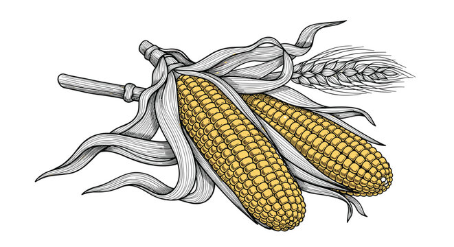 Detailed black and white engraving of two ears of corn with husks partially opened and a wheat stalk in the background.