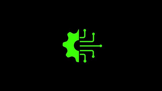Green Gear and Circuit Board Hybrid Logo on Black Background technology digital