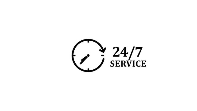 Black 24/7 service clock icon with text on white background time symbol