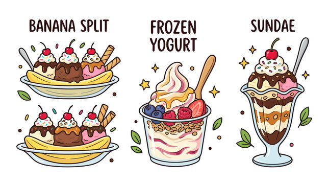 Banana split frozen yogurt and ice cream sundae desserts collection