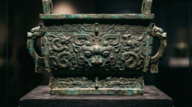 Ancient Chinese Bronze Ding Vessel with Intricate Dragon Motifs - Museum Display