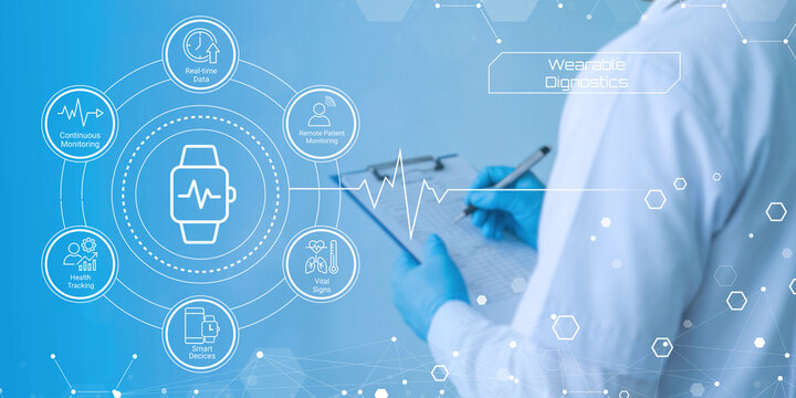 Medical professional analyzing wearable diagnostics technology for remote health monitoring and patient care solutions