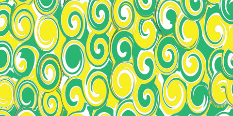 Fototapeta premium Abstract seamless swirl pattern with blue, yellow, and beige stripes. Liquid marble vortex texture, wavy fluid spiral background vector illustration