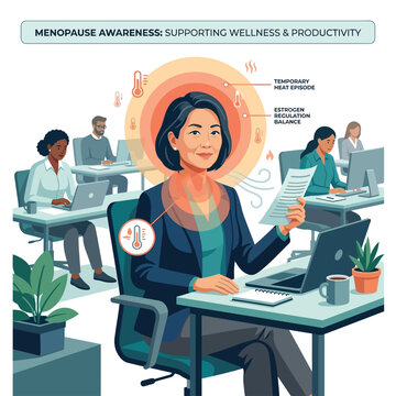 Woman menopause hot flash office workplace managing symptom professional flat 2D vector cartoon illustration, menopause awareness women health empowerment, coral orange teal contrast design