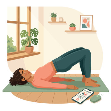 Woman pelvic floor exercise home physiotherapy wellness routine yoga mat flat 2D vector cartoon illustration, women's health rehabilitation awareness, sage green cream coral warm morning design