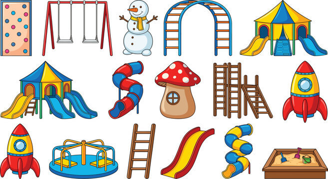 Playground equipment vector collection with colorful slide swing rocket ship sandbox mushroom house and climbing structures isolated on white background