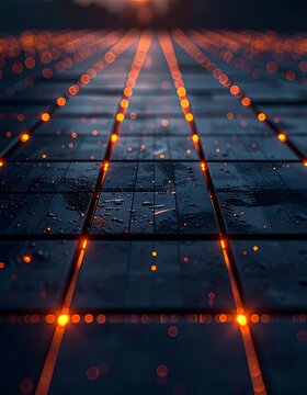 Glowing runway lights on wet tarmac.