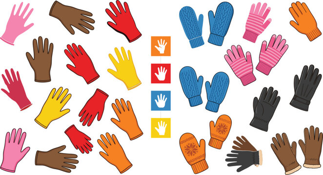 Winter gloves and mittens vector collection featuring colorful knitted wool mittens leather gloves and hand protection icons isolated on white background
