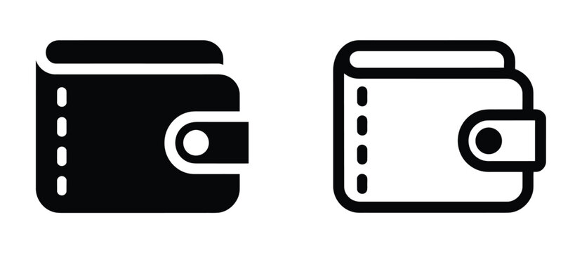 Wallet icon set in solid and outline style, vector collection featuring personal finance, payment, money storage, digital banking, and financial transaction symbols