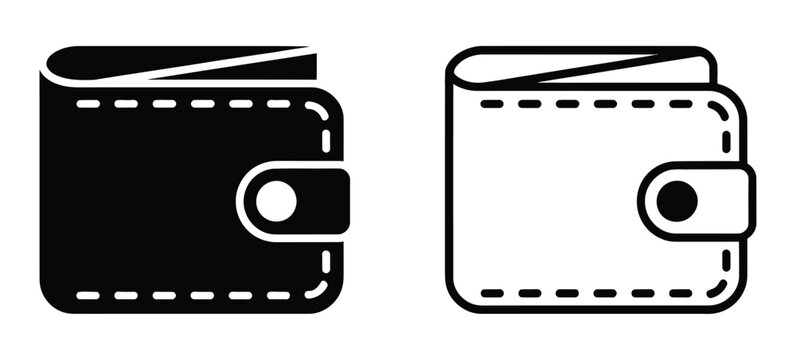 Wallet icon set in solid and outline style, vector collection featuring personal finance, payment, money storage, digital banking, and financial transaction symbols