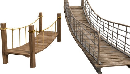 Wooden suspension rope bridge illustration with planks and posts isolated on white background for adventure playground and outdoor obstacle course concepts © ms