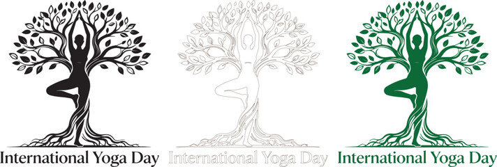 International Yoga Day Design with Woman in Tree Pose and Abstract Roots Art. © afsana