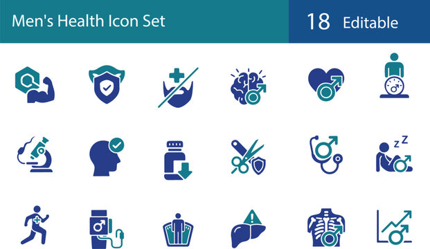 Men's Health Icon Set. Fitness, Prostate, Mental Health and Wellness. Vector Glyph Icon Set.