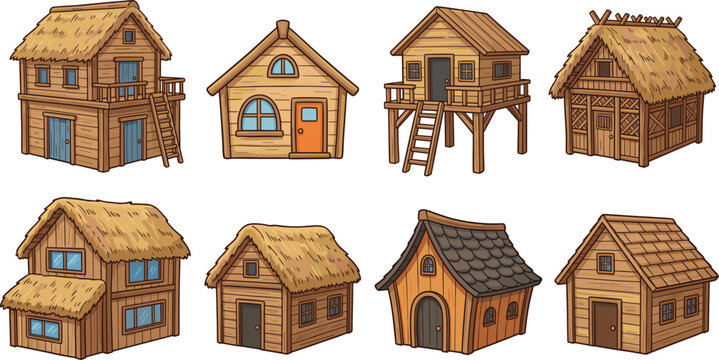 Wooden cabin vector collection featuring medieval village houses thatched roof huts fantasy treehouse styles and small timber cottages isolated on white