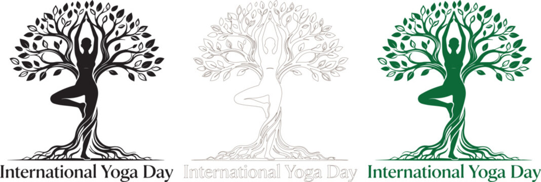 International Yoga Day Design with Woman in Tree Pose and Abstract Roots Art.