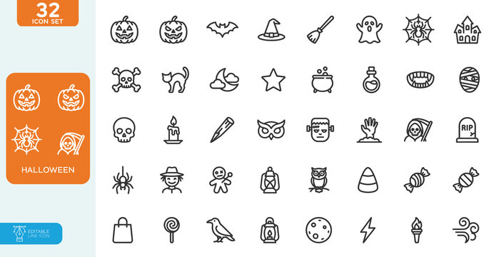 Halloween Vector illustration line editable Icons set. Contain icons related to monster such as angle of death, Dracula, bat, ghost, black cat, candy, wolf, skull and more. on white background.