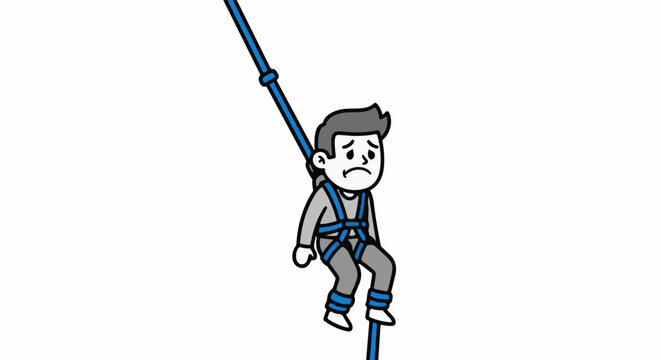 Illustrated character zip lining with safety harness and gear.