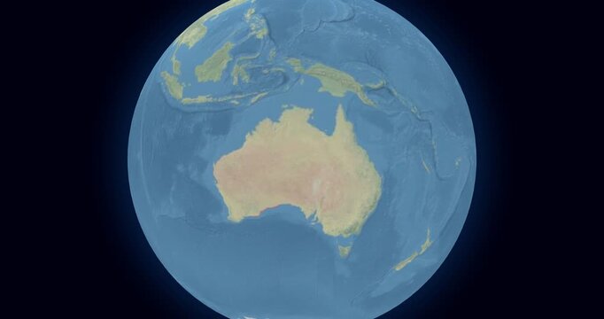 Australia on Globe. Zoom into the country with Earth spinning on dark background. Physical world map with Australia and label on it. Country view animation.