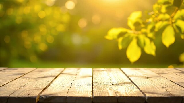 Empty wooden table surface with a blurred natural garden background illuminated by warm golden sunlight