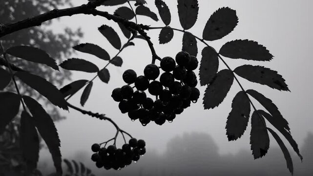 Black and white close up of rowan berries with leaves, water droplets and a foggy forest background
