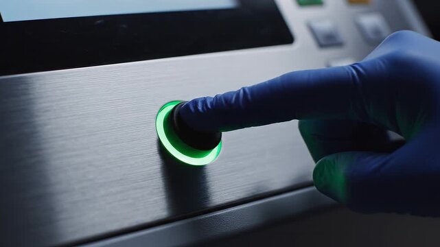 Blue-gloved finger presses glowing green button on brushed metal panel