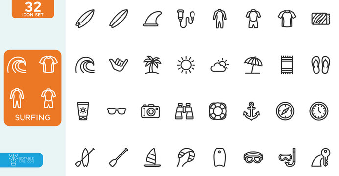 Surfing Vector illustration line editable Icons set. Ocean Waves, Surfboards, Beach Gear, and Aquatic Life, and more. on white background.